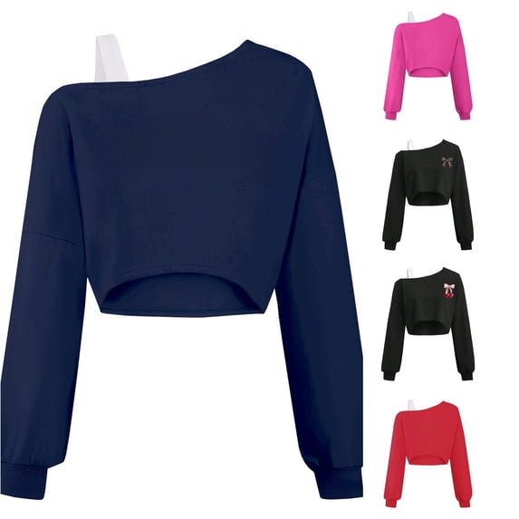 Girls Off Shoulder Sweatshirt Asymmetrical Long Sleeve Cute Crop Top for Kids