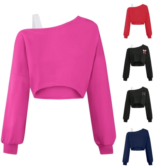 Girls Off Shoulder Sweatshirt Asymmetrical Long Sleeve Cute Crop Top for Kids