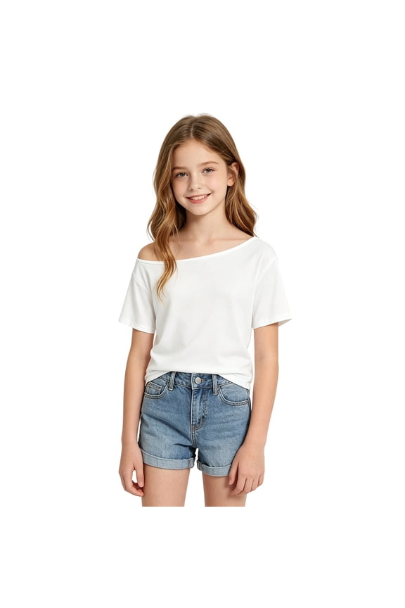 Girls Off Shoulder T-Shirt, Short Sleeve Boat Neck Top, Solid Color Casual Summer Blouse for Tweens & Teens