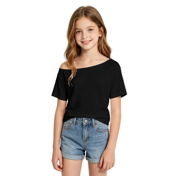 Girls Off Shoulder T-Shirt, Short Sleeve Boat Neck Top, Solid Color Casual Summer Blouse for Tweens & Teens