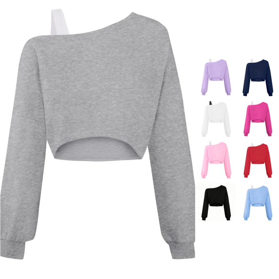 Girls Off The Shoulder Crop Tops Active Long Sleeve Grey Pullover Sweatshirt Fall Winter Wear 11-12 Years