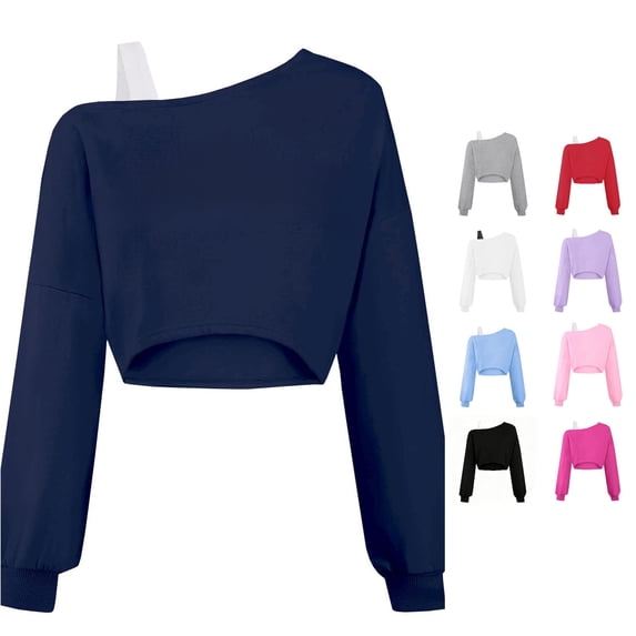 Girls Off The Shoulder Crop Tops Active Long Sleeve Navy Pullover Sweatshirt Fall Winter Wear 7-8 Years