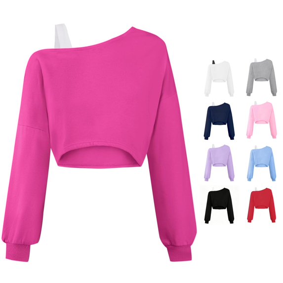 Girls Off The Shoulder Crop Tops Active Long Sleeve Pink Pullover Sweatshirt Fall Winter Wear 13-14 Years