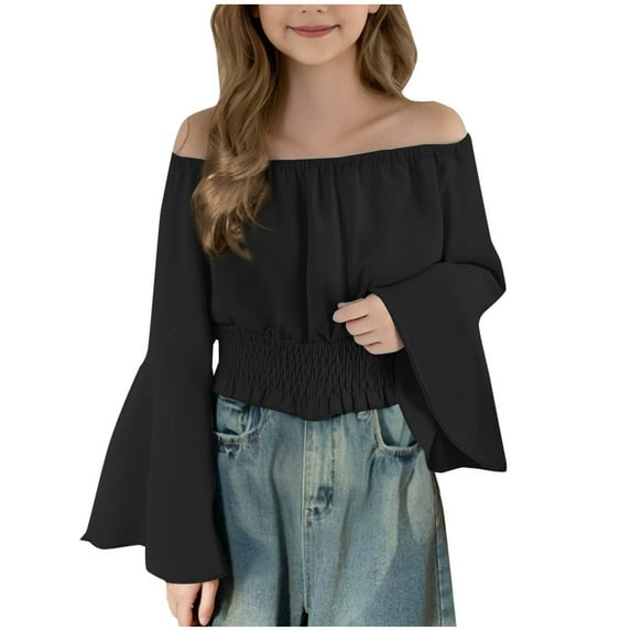Girls Off The Shoulder Crop Tops Flared Long Sleeve Chiffon Blouses Ruffle Smocked Hem Cute Spring Fall Clothes (12 Years, Black)