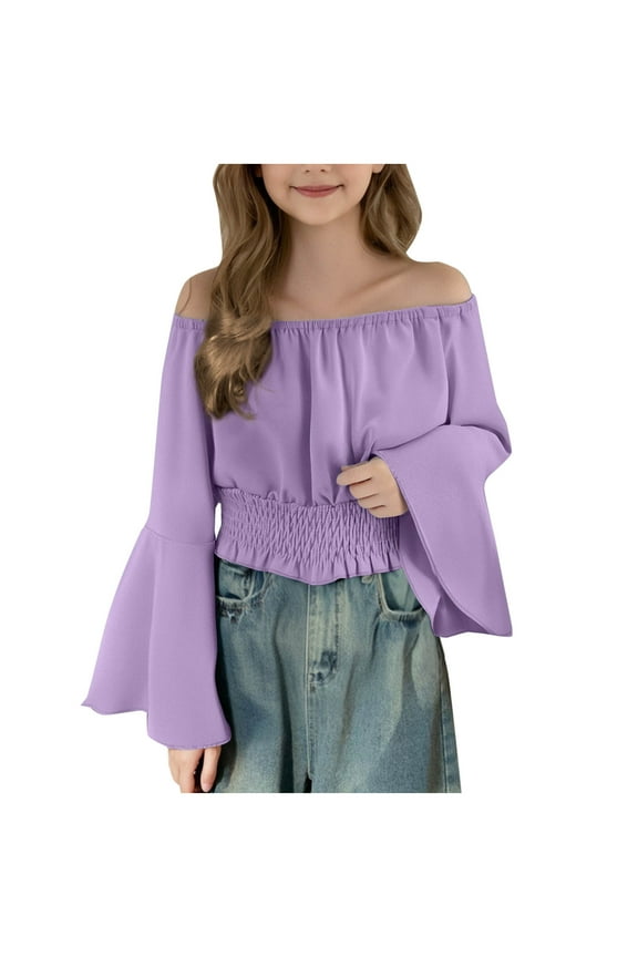 Girls Off The Shoulder Crop Tops Flared Long Sleeve Chiffon Blouses Ruffle Smocked Hem Cute Spring Fall Clothes (11 Years, Purple)