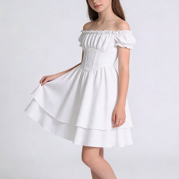 Girls Off The Shoulder Dress Puff Sleeve Tiered Party Dress for Kids 8-13 Corset Waist Ruffle White,Size 12-13 T