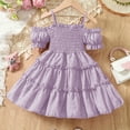 thumbnail image 1 of Girls Off the Shoulder Dresses Size 1-10 Toddlers Kids Cute Spaghetti Strap Solid A-Line Lightweight Puffed Sleeve Summer Dress, 1 of 7