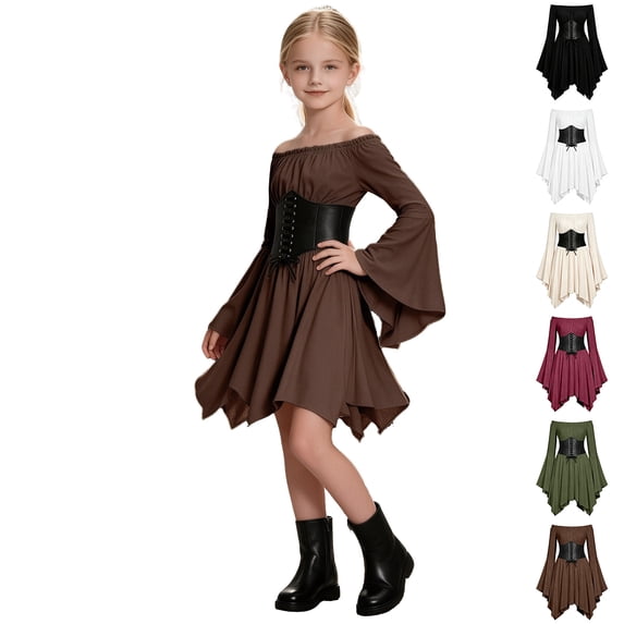Girls Off the Shoulder Pirate Dresses with Sash Two Piece Set Pirate Cosplay Kids Halloween Girls Size 4-14 Years