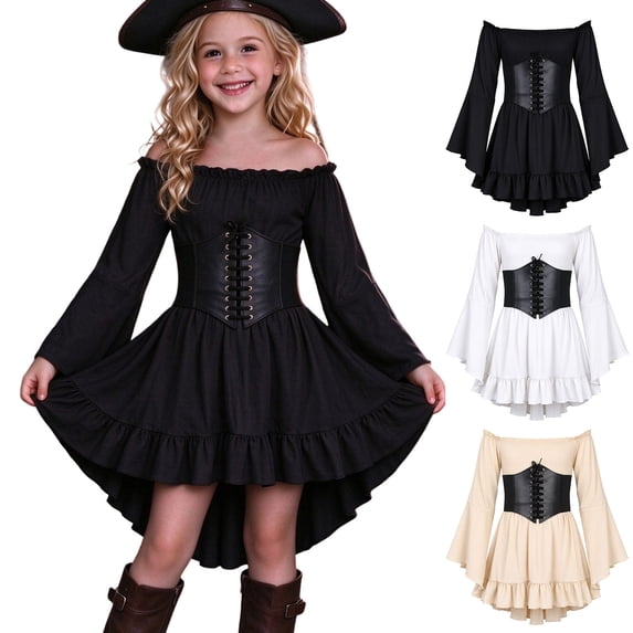 Girls Off the Shoulder Pirate Dresses with Sash Two Piece Set Pirate Costume Halloween Cosplay Kids Halloween Costumes Girls Size 4-14 Years