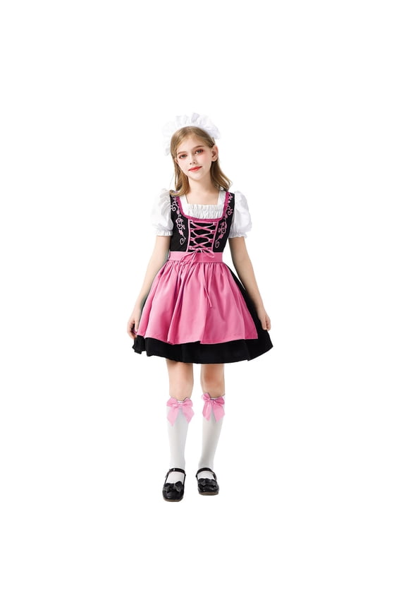 Girls Oktoberfest Dirndl Midi Dress With Apron Medieval Style Kids Carnival Party Cosplay Costume Outfit [CHSJU]