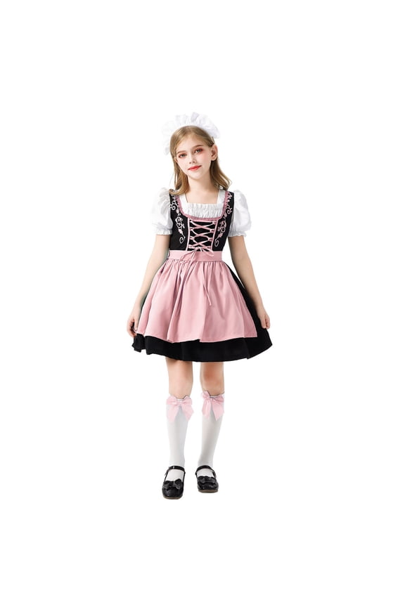 Girls Oktoberfest Dirndl Midi Dress With Apron Medieval Style Kids Carnival Party Cosplay Costume Outfit [CHSJU]