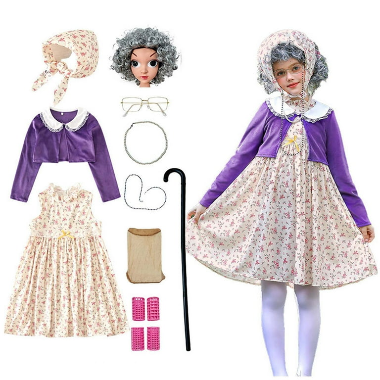 Girls Old Lady 100 Days of School Girls Old Lady Dress with Little Old Women  Cane Accessories Kids Grandma Dress Up Outfit for Girls 3-12T - Walmart.com