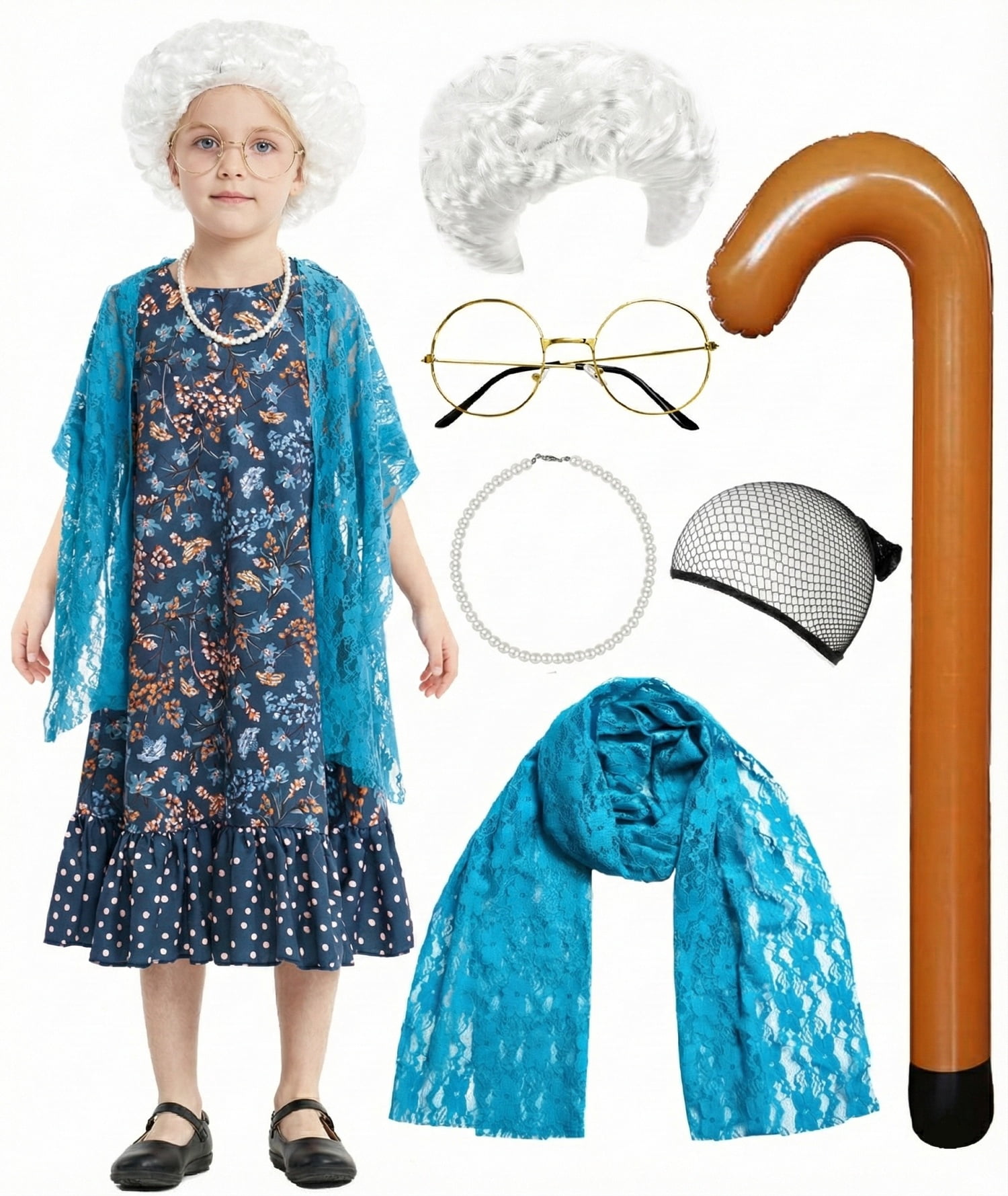 Walmart Girls Old Lady Costume, Halloween Accessories, 100th Day of School  Dress Up, Granny Cosplay, Blue 4-6Y - Walmart.com