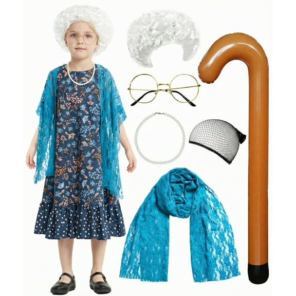 Girls Old Lady Costume, 100th Day of School 6 Pcs Dress Wig Shawl Necklace Glasses Cane Accessories for Kids Granny Cosplay Blue 4-6Y