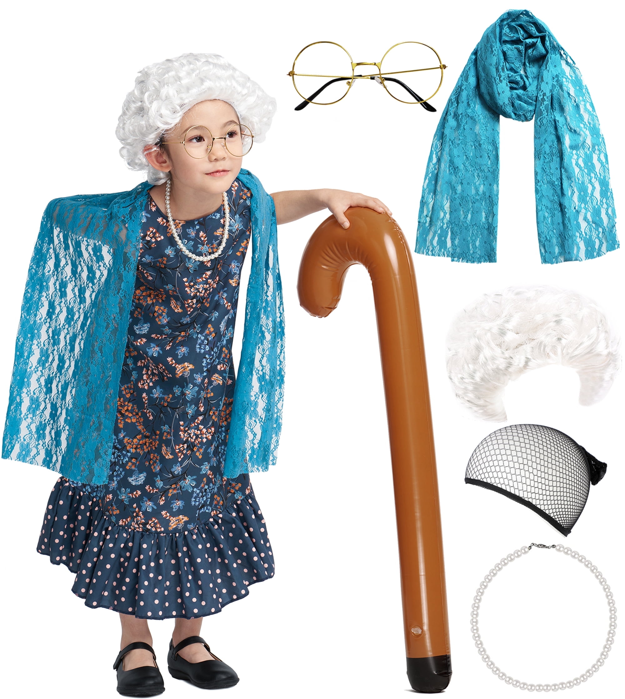 Girls Old Lady Costume, 100th Day of School Pcs Dress Wig Shawl