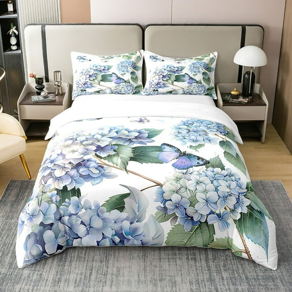 Ombre Floral 100% Natural Cotton Comforter Cover Full Size,Blue Hydrangea Flowers Bedding Set,3D Butterflies Duvet Cover,Summer Garden Rustic Theme Bedspread Cover,Bedroom Decor 3Pcs