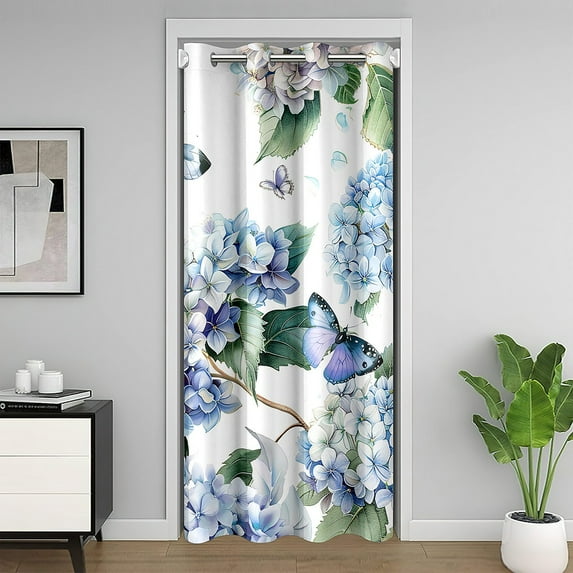 Ombre Floral Blackout Curtain 59"W X 80"L,Blue Hydrangea Flowers Door Drape,3D Butterflies Door Curtain For Doorway Privacy,Summer Garden Rustic Theme Closet Curtain,Closet Door