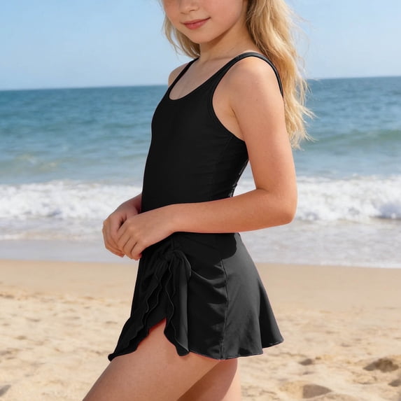 Girls One Piece 13-14Y Swimsuits Size Solid Color Sleeveless Adjustable Strap Tankini Dress Style Sun Kids Swimwear