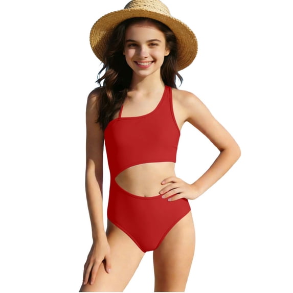 Girls One Piece Bathing Suit Red One Shoulder with Cutout - High Cut Swimsuit Quick Dry Chlorine Resistant for Teen Girls Ages 8-16,Size 14-15T