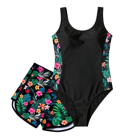 Girls One Piece Bathing Suit with Tropical Print Shorts Tankini Set Full Coverage Swimwear for 8-13 Years