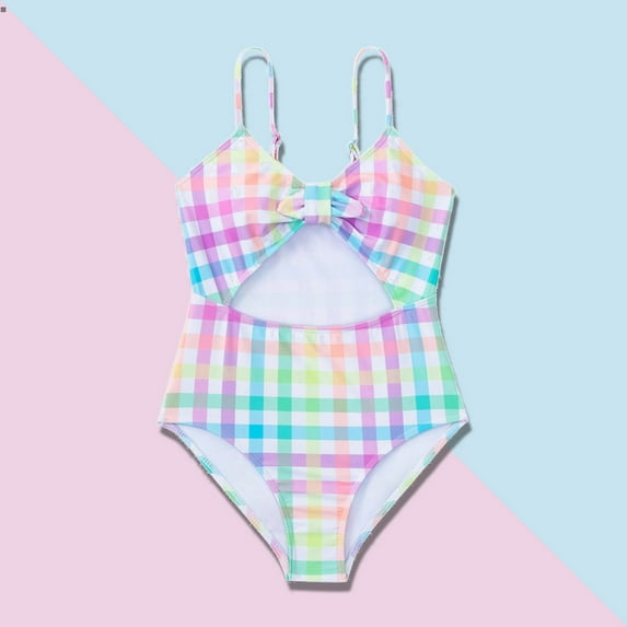 Girls One Piece Bathing Suits Kid Girls Swimsuits Summer Plaid Printed Bathing Suits9-10 Years
