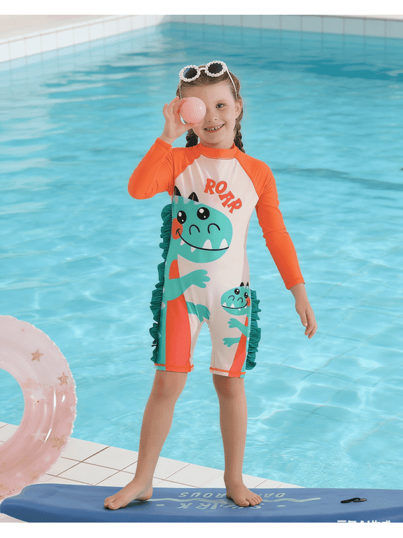 Girls Boys One Piece Dinosaur Swimwear Kids UV Protective Rashguard Swimsuits 2-7Years with Hat