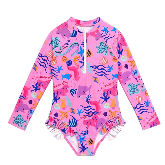 NIPAXO Girls One Piece Swimsuit Long Sleeve Front Zipper Ocean Sea Creature Marine Life Print Ruffle Rash Guard Swimwear for Girls Age 4 Years (Pink)