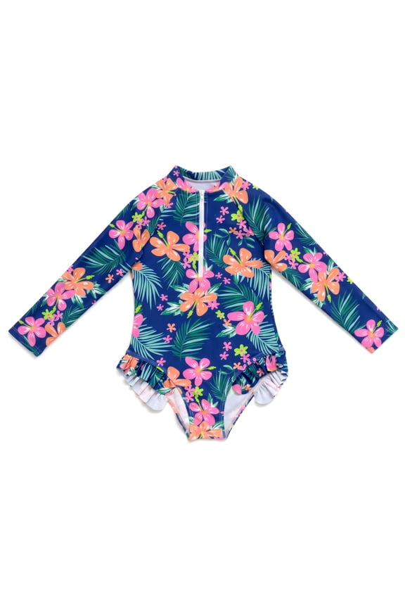 Girls One Piece Swimsuit Long Sleeve Front Zipper Ocean Sea Creature Marine Life Print Ruffle Rash Guard Swimwear for Girls Age 8 Years (blue)