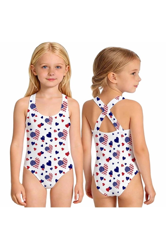 Girls One Piece Patriotic Swimsuit, Independence Day USA Flag Star Print Cross Back Bathing Suit, Kids Swimwear for Beach Pool Summer(White2,11-12 Years)
