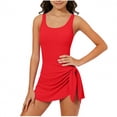 thumbnail image 1 of Girls One Piece Swimdress with Built-in Bra, Sleeveless U-Neck Ties Knot Bathing Suit, Solid Color Sun Protection Swimwear for 7-16 Years, 1 of 7
