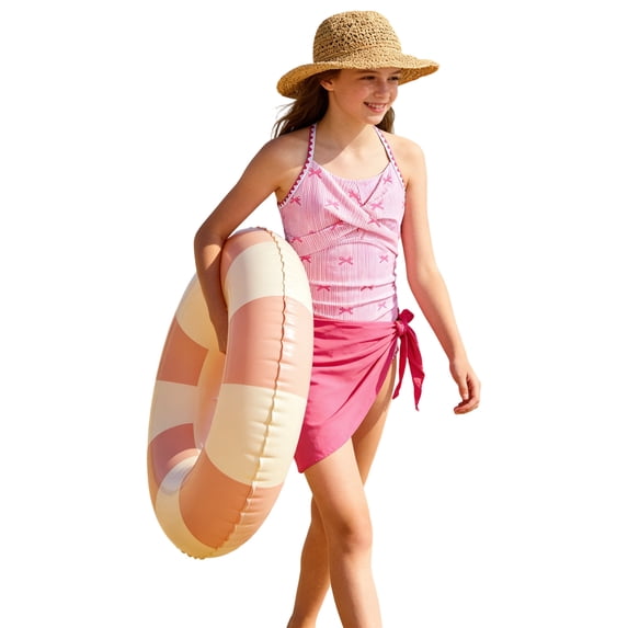 Girls One Piece Swimsuit 12-14 Trim Wrap Tie Back Tankini for Girls Lightweight Color Block Beach Skirt Cute Ruched Bathing Suit Removable Chest Pad Swimwear with Cover Up Pants Pink15-16 Years