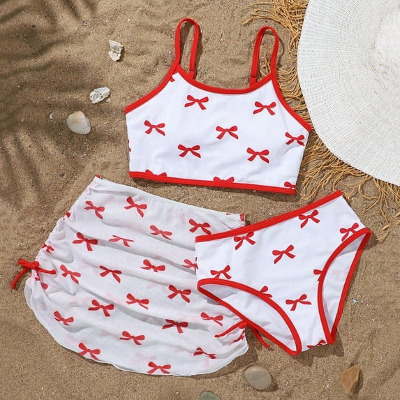 Girls One Piece Swimsuit Bow Decor Ruffle Mesh Skirt Stylish Modest Bathing Suit for Summer Spring Beach Pool Vacation Water Park Swimming,Red,12Y