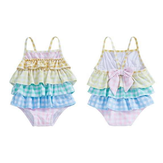 Girls One Piece Swimsuit Cute Rainbow Birthday Cake Print Swimwear Ruffled Summer Swimming Tankini Size 12-18 M