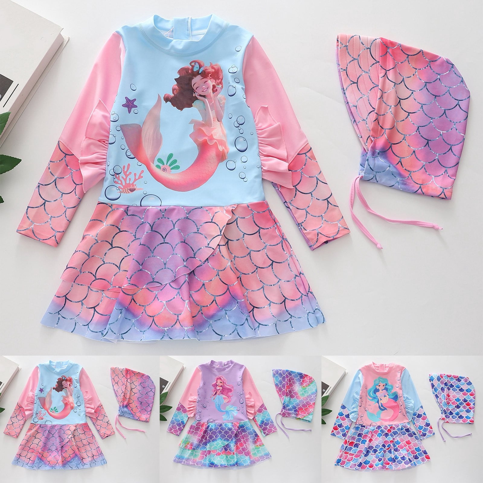 Girls' One Piece Swimsuit Floral Printed Long Sleeved Ruffled Skirt ...