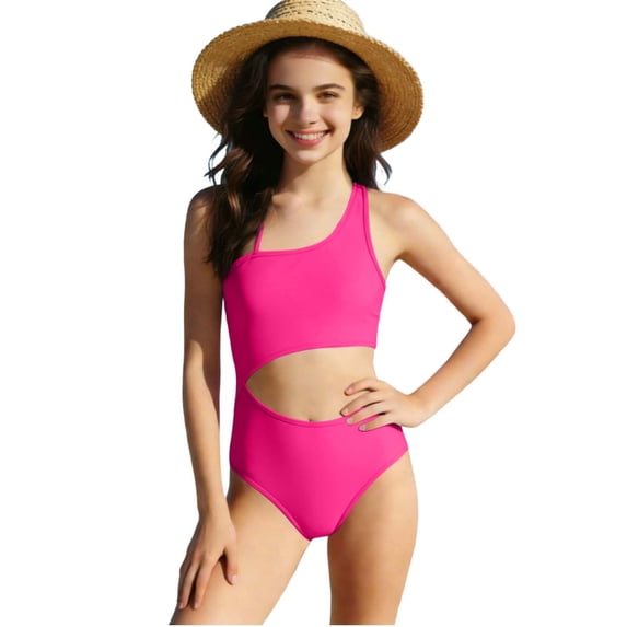 Girls One Piece Swimsuit Hot Pink One Shoulder with Side Cutout - High Cut Bathing Suit Quick Dry for Teen Girls Ages 8-16,Size 6-7T