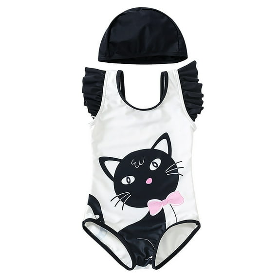 Girls One Piece Swimsuit Kids Cartoon Swimwear Backless Ruffle Bathing Suit with Cap Outfit