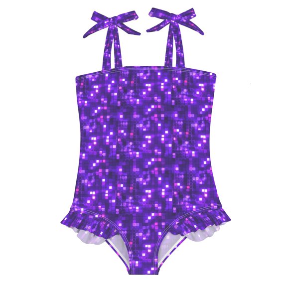 Girls One-Piece Swimsuit Quick Dry Bathing Suit with Bowknot Straps for 24M Abstract Purple Square Image