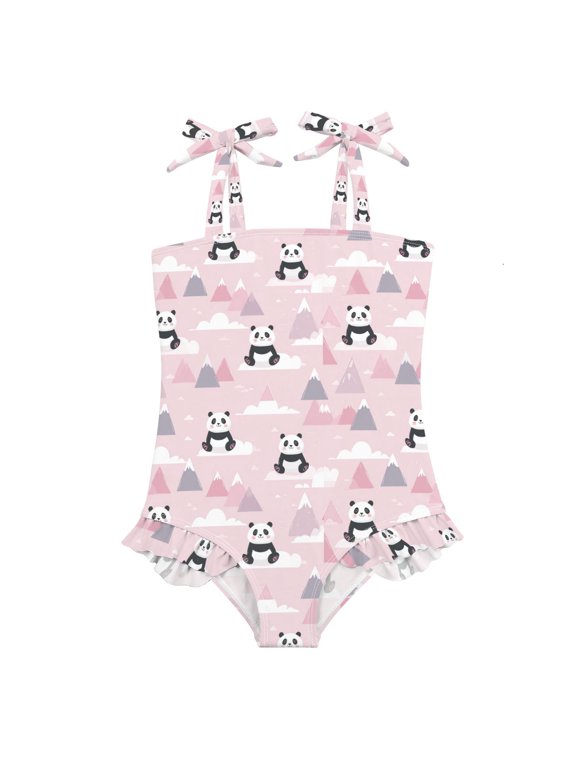 Girls One-Piece Swimsuit Quick Dry Bathing Suit with Bowknot Straps for 6Y Panda and Clouds Pattern