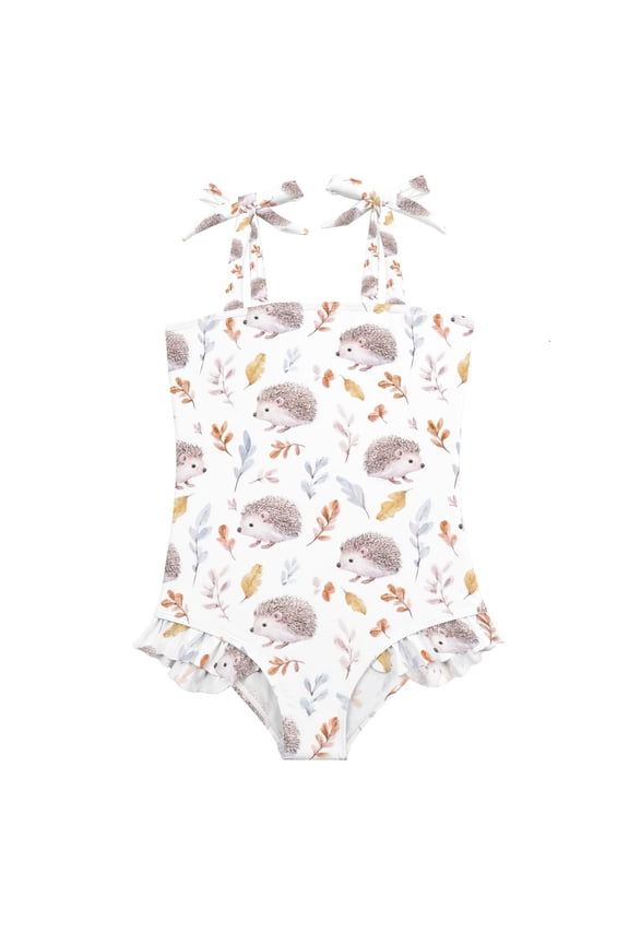 Girls One-Piece Swimsuit Quick Dry Bathing Suit with Bowknot Straps for 6Y Watercolor Hedgehogs Pattern