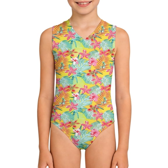 Girls One Piece Swimsuit Quick Dry Competitive Print Swimwear Training Summer Beach Sports Performance Athletic Bathing Suit Yellow Size 11-12 Y