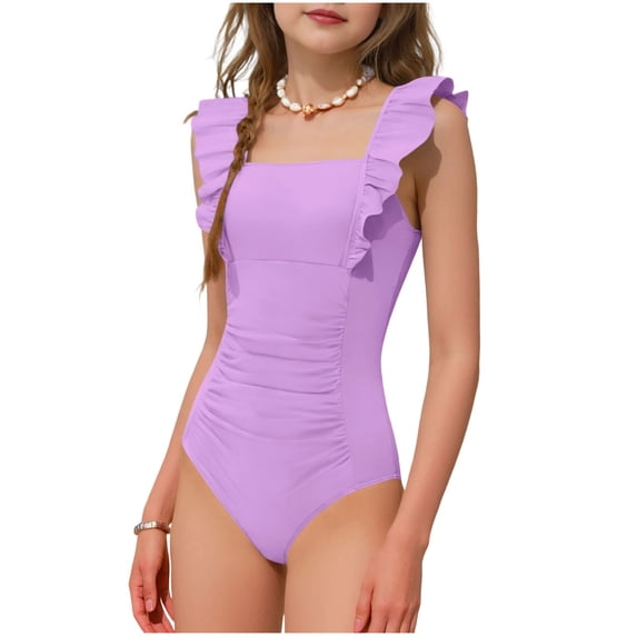 Girls One Piece Swimsuit Ruffled Adjustable Strap Sleeveless Bathing Suit Hide Belly Slimming Swimwear (5-6 Years, Purple)