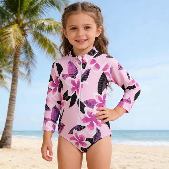 Girls One Piece Swimsuit Size 5-6Y Leopard Print Long Sleeve Swimsuits with Zipper Summer Pool Beach Toddler Kids Swimwear