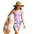 thumbnail image 1 of Girls One Piece Swimsuit Size 7-8 Front Criss Cross Tankini with Shorts Quick Drying Tropical Print Girls Dress Up Clothes Stretch Strap Modest Swimwear Purple9-10 Years, 1 of 5