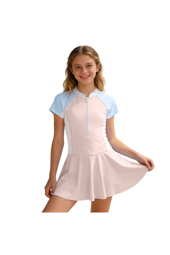 Girls One Piece Swimsuit - Sporty Short Sleeve Zipper Front Guard Swimwear for Kids Youth Athletic Bathing Suit with Skirted Bottom Ages 8-15(Beige/160)