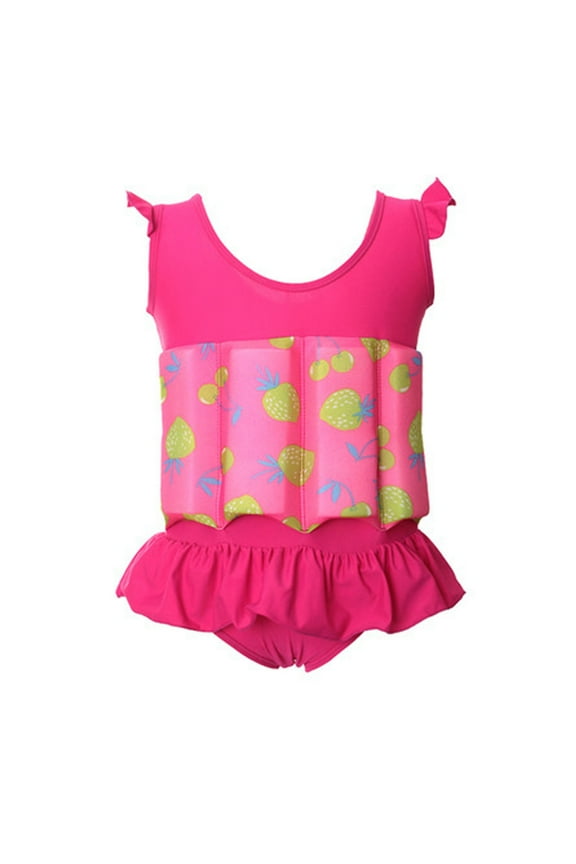 Girls One Piece Swimsuit Toddler Cartoon Fruit Print Life Vest Jacket Flotation Detachable Buoyancy Aid Training Summer Kids Swimwear