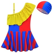 Girls One-Piece Swimsuit w/Swim Cap One Shoulder Summer Tankini Swimwear