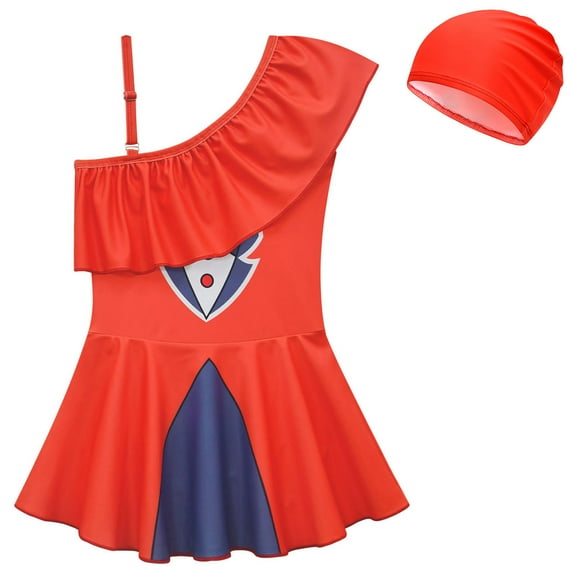 Girls One-Piece Swimsuit w/Swim Cap One Shoulder Summer Tankini Swimwear