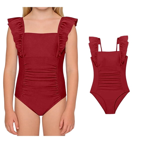 Girls One Piece Swimsuit with Ruffled and Pleated Design Solid Color Fashion Summer Swimwear for Toddlers and Kids