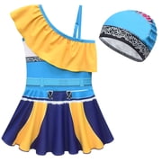 Girls One-Piece Swimsuit with Swimming Cap One Shoulder Singer Costume Swim Dress