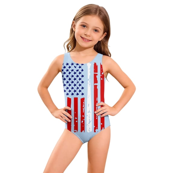 Girls One Piece Swimsuit with UPF 50+, Sizes 4-18 & Plus,Patriotic Printed Swimwear
